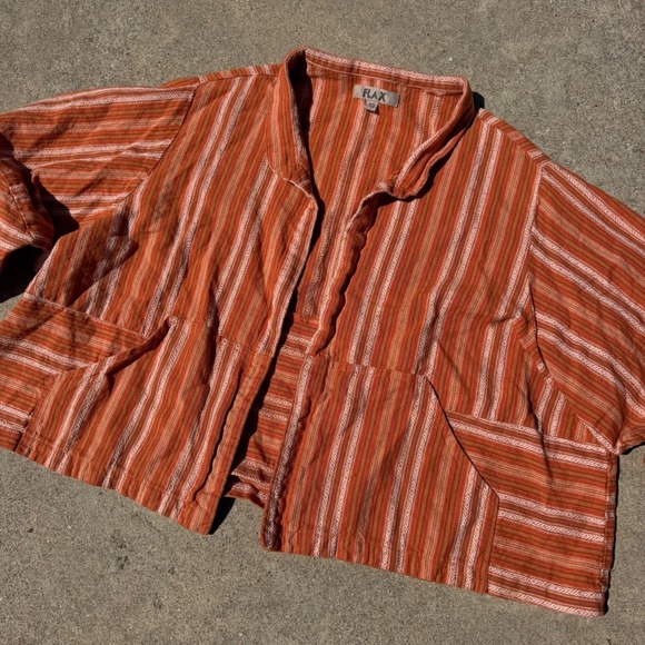 Flax Jackets & Blazers - FLAX | Women Open Front Linen Blend Striped Jacket 1G Orange Boho Minimalist